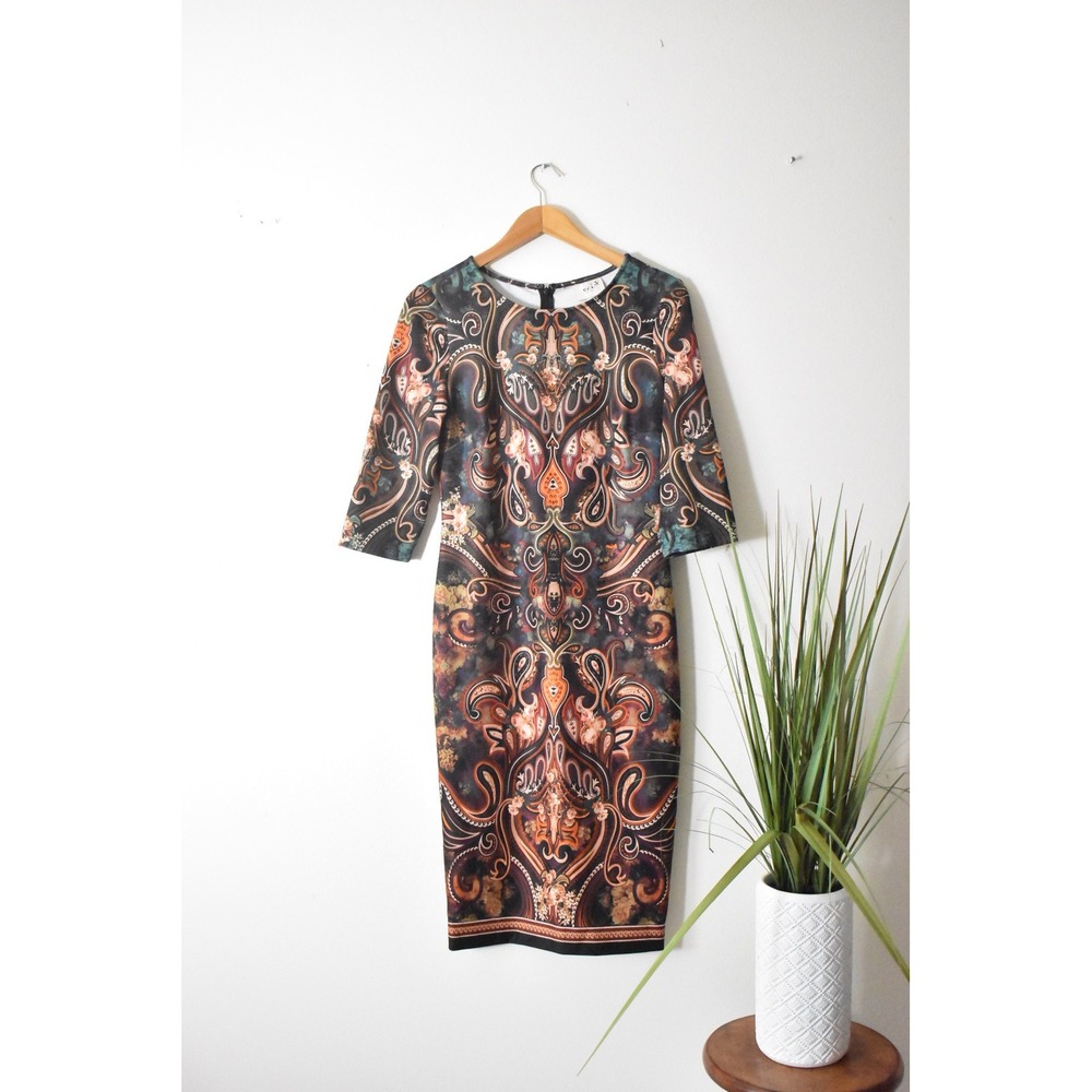 ECI New York Sheath Dress Womens 8 Black Paisley Floral 3/4 Sleeve Knee Length - Picture 7 of 10
